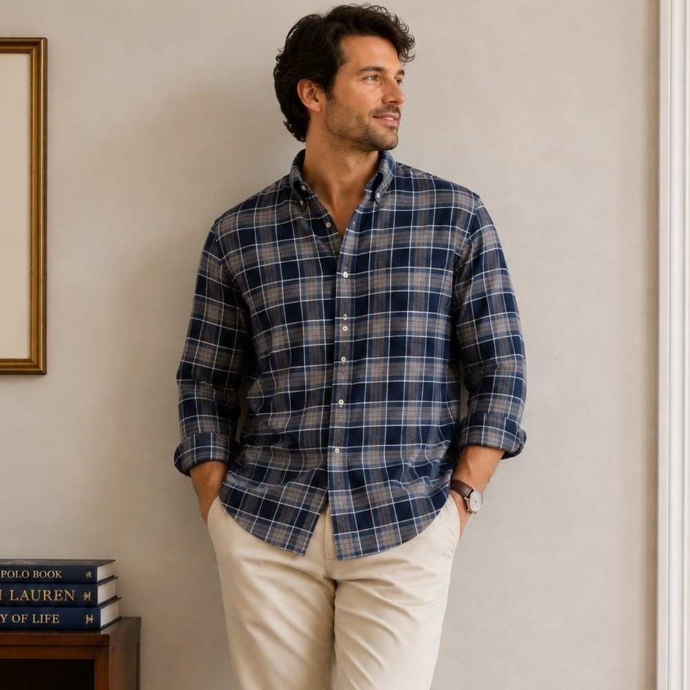 UNTUCKit Mens XL Tall Slim Blue Grey Plaid Wrinkle Free Cotton Flannel Shirt